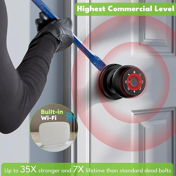 Fingerprint Door Lock, Smart Door Knob, 2.4G WiFi Biometric Door Knobs with App Control, Auto Lock Door Lock with Code, Thumbprint Door Knob for Bedrooms, Office, Apartment, Offices,Hotels