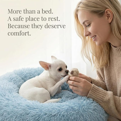 Calming Donut Dogs Beds for Small Dogs Washable,19inch Fluffy Round Puppy Bed for Puppies,Cats & Toy Breeds with Raised Rim,Fits up to 15 lbs Pets,Washed Blue