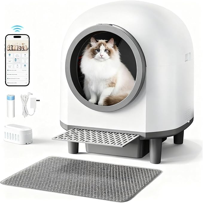 Self Cleaing Litter Box for Multiple Cats, 88L Large Smart Automatic Cat Litter Box with App Control, Health Monitoring, Integrated Safety Sensors, Odor Removal, Mat, Liners (White)