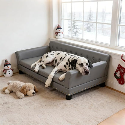 BingoPaw Large Leather Dog Sofa: Jumbo Pet Couch Made by Scratching Resistant Microfiber Leather - Indoor Elevated Dogs Chaise Bed for Doggy up to 120lbs
