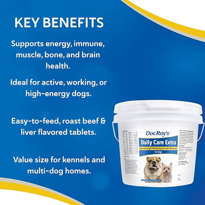 Doc Roy’s Daily Care Extra Canine, Multivitamin Supplement for Dogs, Daily Nutrient Support with Vitamins & Minerals, Roast Beef & Liver Flavor Tablets, 2500 ct