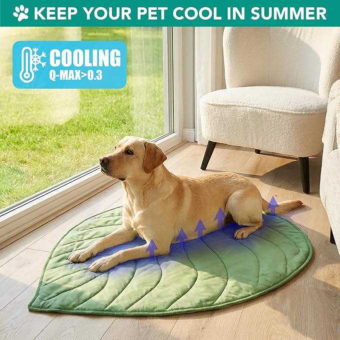 PetAmi Dog Cooling Mat, Leaf Shape, Reversible Cooling Nylon Blanket Soft Fleece Pet Pad for Dogs Cats, Summer All Season Use Q-Max>0.3, Small 32x39 in, Sage Green