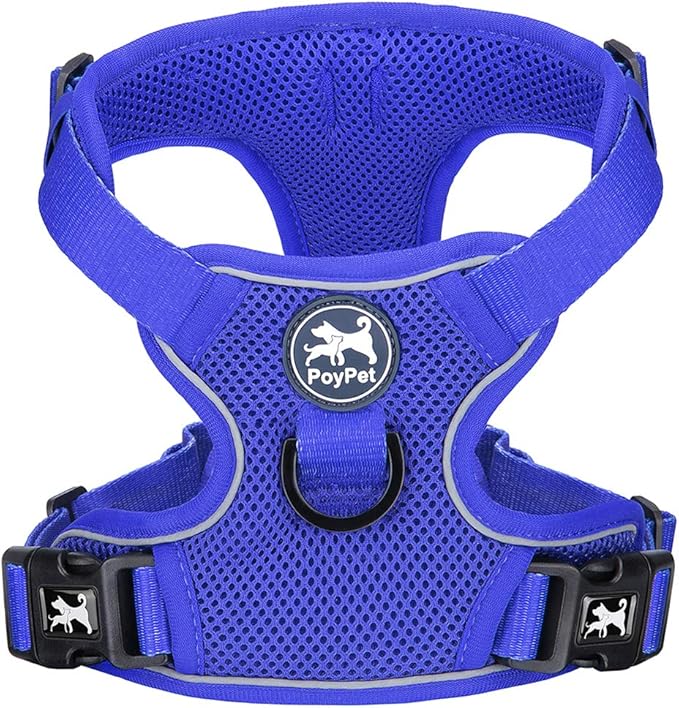 PoyPet Reflective Soft Breathable Mesh Dog Harness Choke-Free Double Padded Vest with Adjustable Neck and Chest(Royal Blue,S)