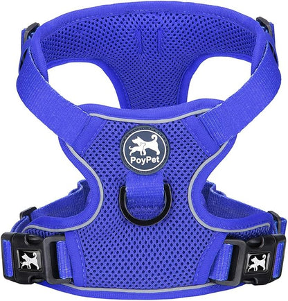 PoyPet Reflective Soft Breathable Mesh Dog Harness Choke-Free Double Padded Vest with Adjustable Neck and Chest(Royal Blue,XL)