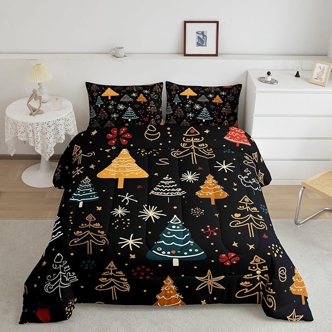 Erosebridal Christmas Theme Comforter Twin for Kids Boys Girls Xmas Tree Bedding Set, Glitter Stars Down Comforter Black Bed Set, Cartoon Hand Drawn Quilted Duvet Breathable for All Seasons 2 Piece