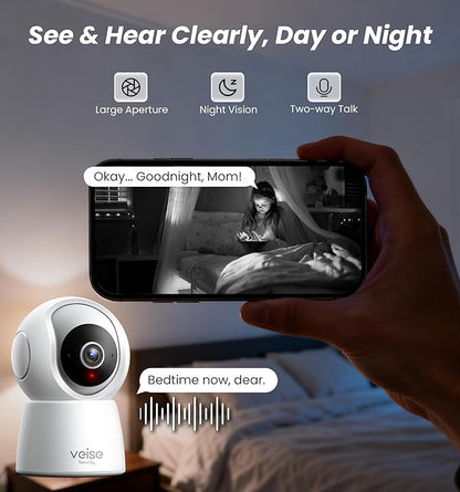 Veise 2K Indoor Security Camera 2.4GHz, 360° Pan/Tilt Pet Camera with Motion Tracking, Baby Monitor, 2-Way Audio, Night Vision, Cloud/SD Storage, Compatible with Voice Assistant, White, 2Pack