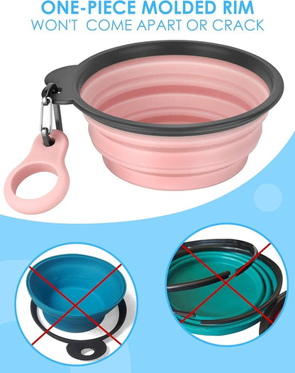 Aonkey Collapsible Dog Bowls with Bottle Carrier, 2 Pack Travel Dog Water Bowl Upgraded Carabiner, One-Piece Molded Rim No Fall Off or Crack 37oz, Blue & Pink