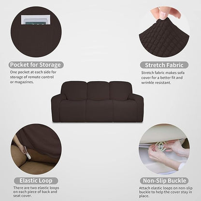 Easy-Going 100% Dual Waterproof Recliner Sofa Cover, 8-Pieces Stretch Relining Couch Cover with Pocket, Jacquard 3 Seat Sofa Slipcover Leakproof Washable (Sofa, Chocolate)