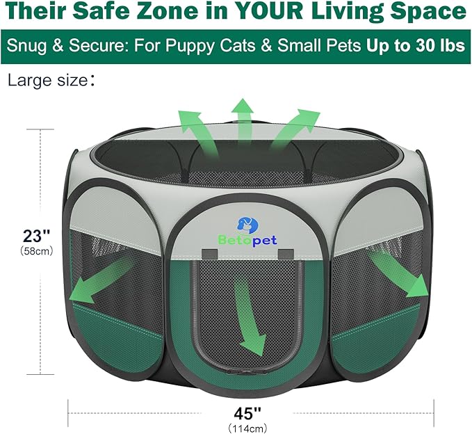 Playpen for Small Dogs Cats Crate: Puppy Play Pen Indoor Outdoor Foldable Potable Exercise Cage Pop up Kennel for Guinea Pig Rabbits Hamster Travel with Carrying Case & Food Bowl (Green, L, 1)