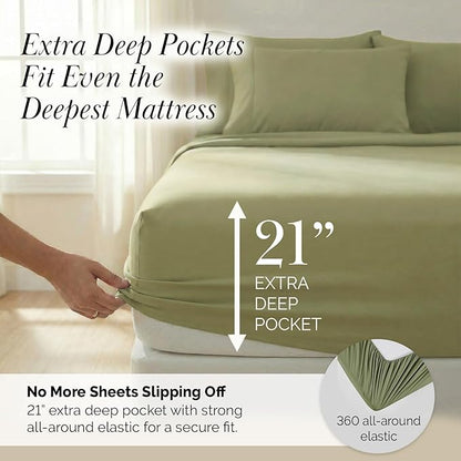 Southshore Fine Living, Inc. 6-Piece California King Sheet Sets, 21-Inch Deep Pocket Cal King Sheet Set, 1 Fitted and Flat Sheet Set, Microfiber Bedding, Sage Green Pillow Cases, Sage Green Sheets