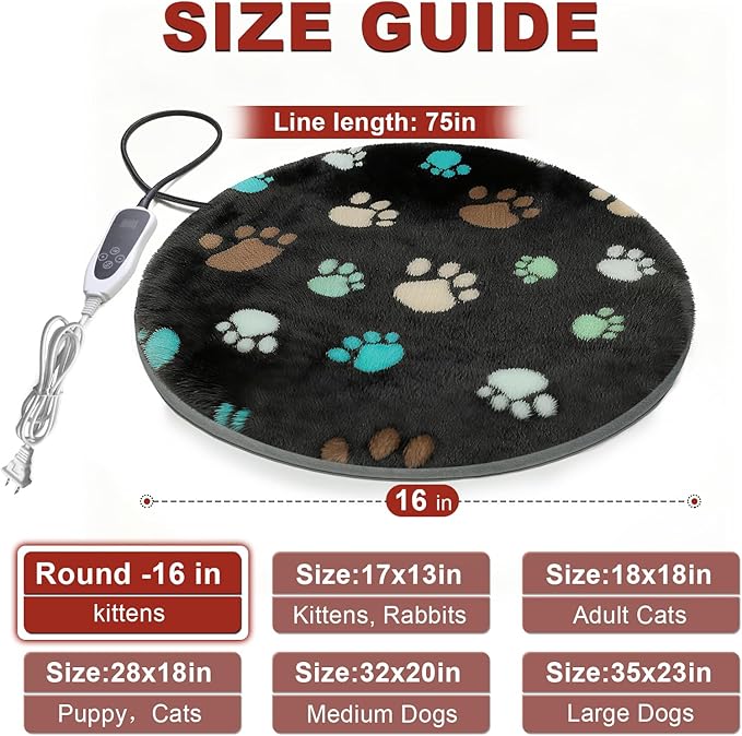 GOLOPET Cat Heating Pad Round 16in,Waterproof Outer Skin and Smart Thermostat Switch, Adjustable Heated Cat Bed, Adding Wire Rope Wires Small Dog Warming Pad