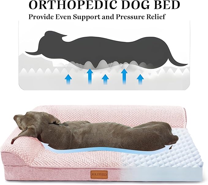 Orthopedic XL Dog Bed Large Sized Dog 48''X30'', Waterproof L Bolster Extra Large Egg Crate Foam Pet Crate Beds with Washable Removable Cover, Non-Slip Soft Pet Couch Mat, Pink