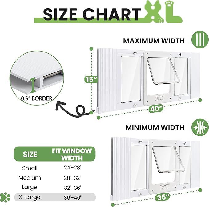 Full-Size Window Pet Door for Cat&Small Dog, Fits 36"- 40" Width Windows, Quick-Fit Cat Door Window Insert, 4 Locking Mechanisms,Magnetic Closure Cat Door for Window,Aluminum Frame Pet Door for Window