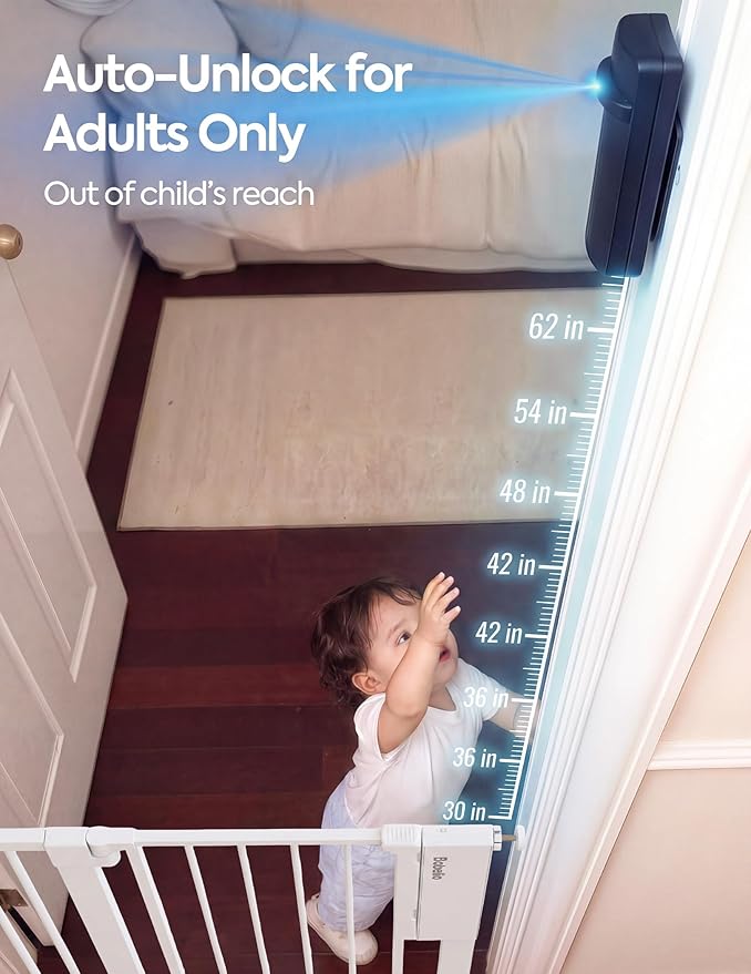 Babelio Smart Baby Gate with Auto-Unlock/Close, Pressure Mounted No Drill for Doorways/Top of Stairs. Pet/Dog Door Wide Walk Thru w/Infrared Sensor & Instant Safety Alert (White, 30.3-47.2" W, 30" H)