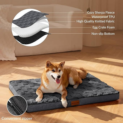 Patas Lague Orthopedic XL Dog Bed Large Sized Dog 42''X28'', Waterproof Soft Comfortable Egg Crate Foam Large Pet Beds Crate Mat with Removable Washable Cover and Nonskid Bottom, Dark Grey