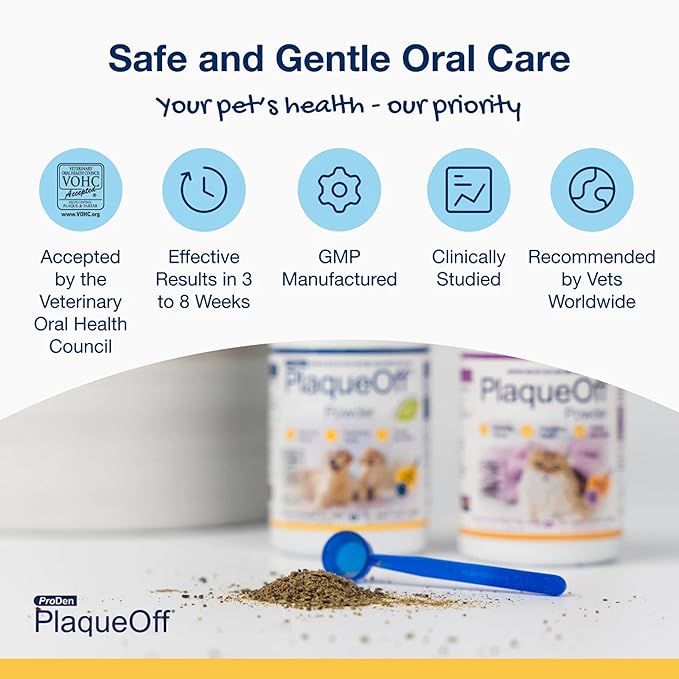 ProDen PlaqueOff Powder for Pets - Cat & Dog Breath Freshener - Plaque & Tartar Remover for Pet Oral Care - 180g