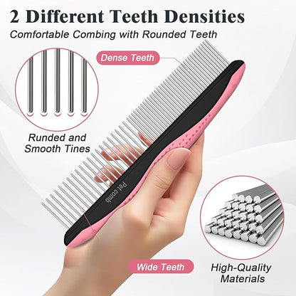 2PCS Self Cleaning Slicker Brush & Dog Comb - Skin Friendly Deshedding Grooming Tool for Dogs, Cats and Small Animals, Professional Deshedding Dematting Tool for Long and Short Haired Pets (Pink)