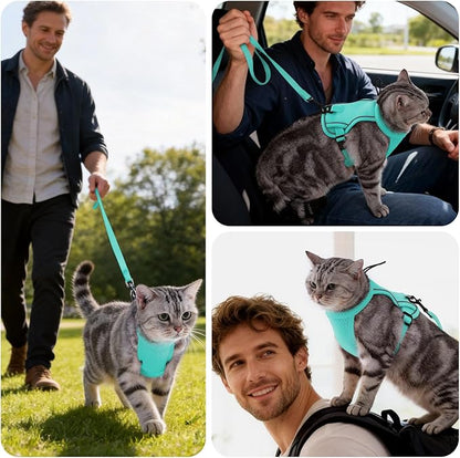 Dotoner Escape Proof Cat Harness and Leash Set Adjustable Soft Mesh Vest for Walking Safe Travel Vet Visit with Reflective Strips for Cats and Kittens(Turquoise-S)