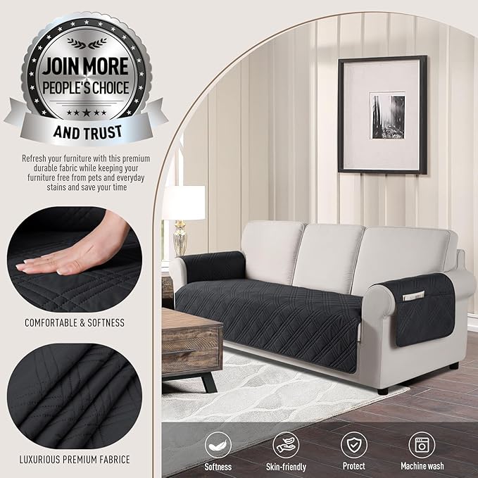 TAOCOCO Waterproof Sofa Covers for Dogs Pets with Non Slip Backing, Couch Seat Covers with Side Pocket for 3 Cushion Couch Washable Dog Couch Cover Protector Sofa Slipcovers(Sofa, Black)