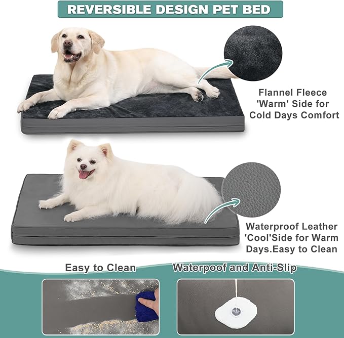 Waterproof Dog Bed Large Medium Sized Dogs, Outdoor Orthopedic Washable Crate Pad 36 inch, Foam Pet Bed with Removable Cover Reversible, Anti-Slip Kennel Pad, 35"x22", Dark Gray