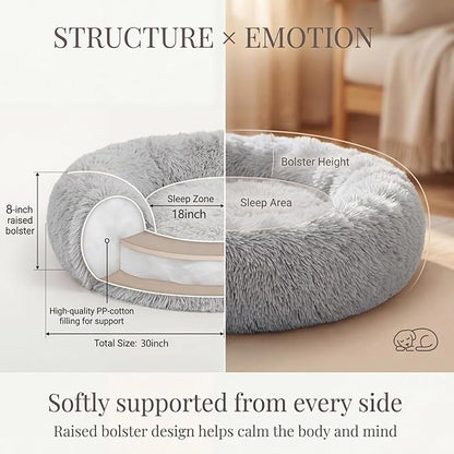 Calming Dog Bed for Medium Dogs Washable Donut 30 inches Anti-Slip Pet Bed,Round Fluffy Plush Faux Fur Cat Bed,Fits up to 45 lbs Pets,Grey