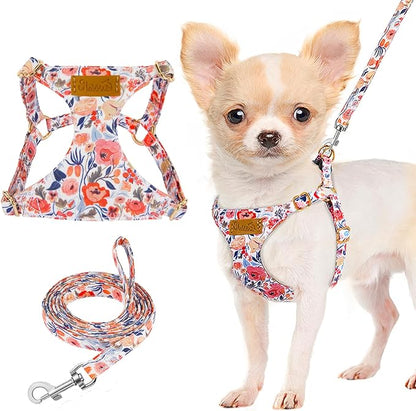 Lukovee Puppy Harness and Leash Set, No Pull Lightweight Soft Suede Adjustable Pet Harness Vest with Snap Buckle for Puppy Small and Medium Size Dog (Flower-XXS)