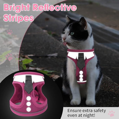 Cat Harness and Leash Set for Walking Escape Proof, Soft Adjustable Kitten Harness Breathable Mesh with Reflective Strips Harness for Kitty Puppy Bunny(Pink,S)