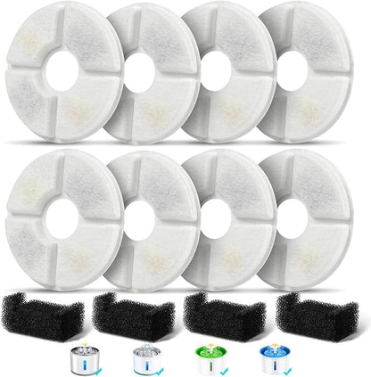 Filters Replacements for Flower Automatic Pet Fountains, Cat and Dog Water Fountain Replacement Parts, Cat Water Fountain Filters for 81oz/2.4L Round Fountains (8 Filters+4 Sponges)