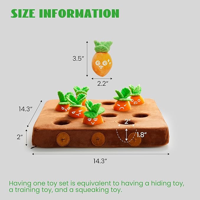 Nocciola Carrot Puzzle Dog Toys, 12PC Squeaky Carrots & Farm Snuffle Mat for Hide and Seek Snuffle Toys for Small and Medium Dogs, Carrot Patch Dog Toy to Keep Them Busy