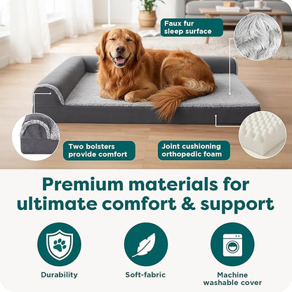 FurHaven Orthopedic Dog Bed for Large Dogs, L-Shaped Chaise Contour Mattress with Solid Orthopedic Foam Slab for Joint Support, Removable Washable Cover, Jumbo Plus/XXL, Faux Fur & Suede, Espresso