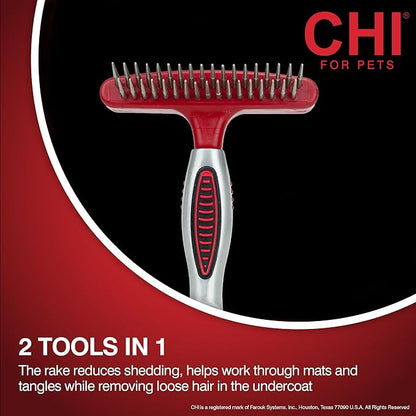 CHI for Dogs Double-Sided Shedding Rake and Blade, 2-in-1 Grooming Tool for Dematting, Deshedding, and Undercoat Removal, Ionic Technology, Ergonomic Soft Grip Handle, All Coat Types, Red