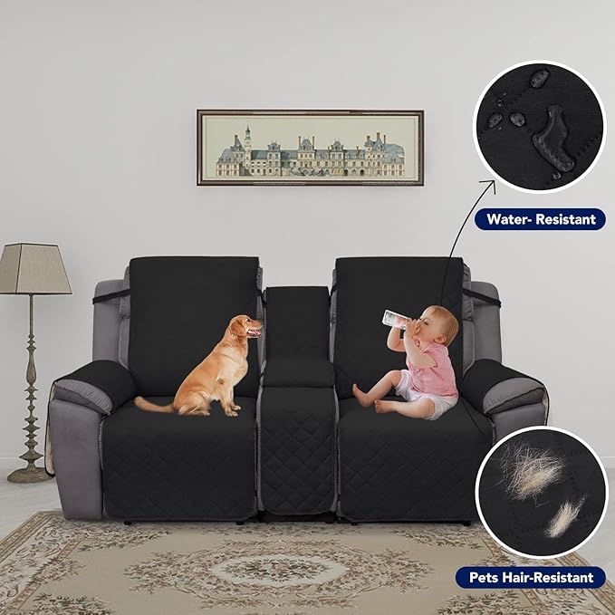 PureFit Water Resistant Reversible Loveseat Recliner Cover - Non Slip Furniture Protector for 2 Seat Recliner, Black/Beige