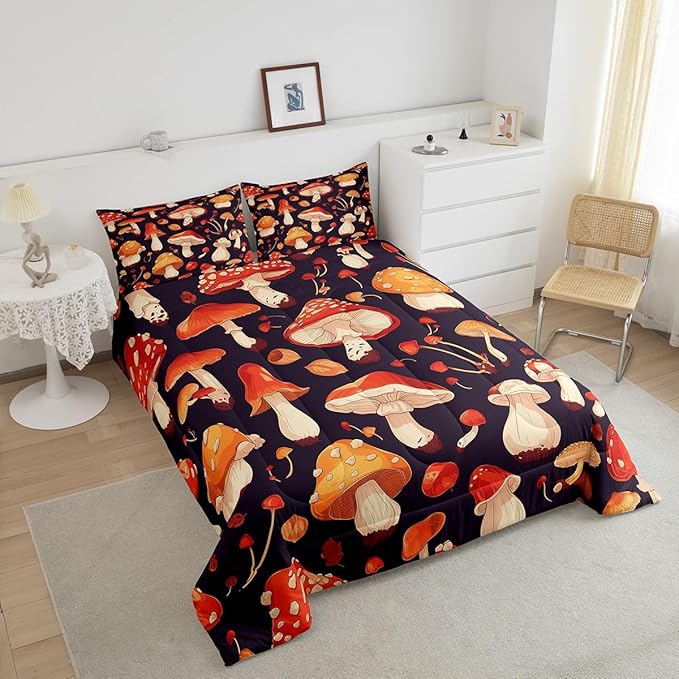 Erosebridal Red Mushroom Twin Comforter Set Orange Wild Fungus Bedding Sets Botanical Plants Bedding Comforter Dark Purple Quilt Comforter Cartoon Women Lady Room Décorative Lightweight 2 Piece