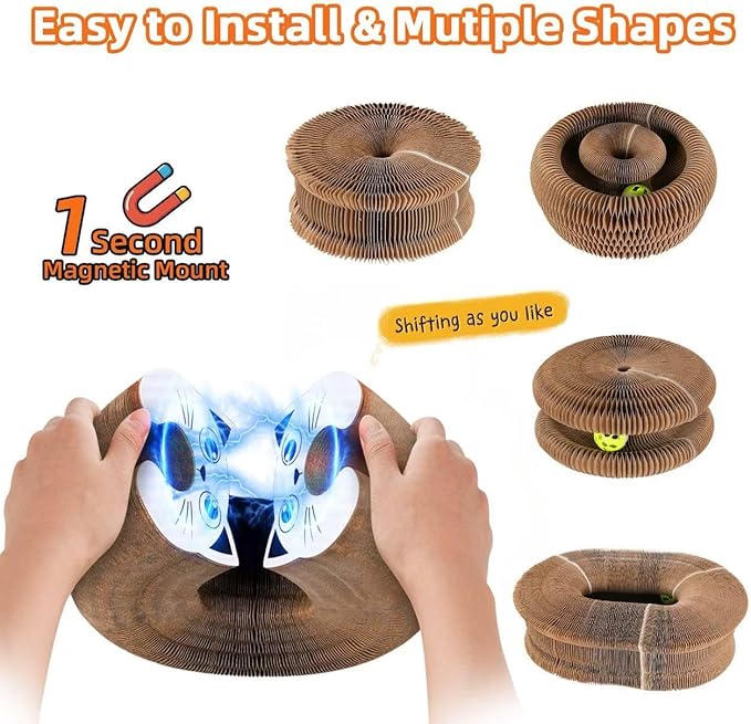 Twisty Paws Cat Toy - Magic Organ Kitty Curl Scratcher with Bell-Ball, Magnetic & Foldable Cardboard Shape Shifting, Interactive Accordion Kurlz Board for Indoor Cats