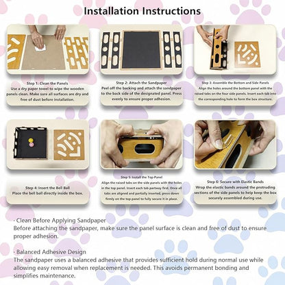 MDF Cat Nail File Enrichment Box, Scratch Puzzle with Sandpaper Surface, Stress-Free Nail Care Alternative, Interactive Maze Scratcher with Bell Ball for Indoor Cats