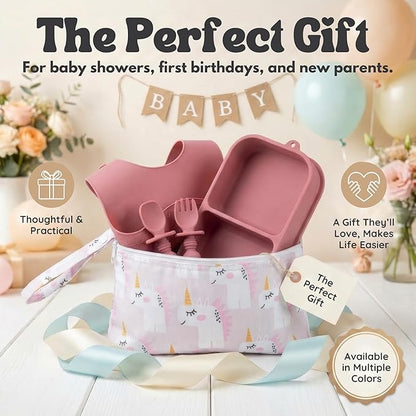 Baby Travel Essentials 6 Pc Silicone Feeding Set - Portable Toddler Plates with Suction, Baby Spoons & Foldable Bib in Carrying Case - BPA-Free Infant & Toddler Utensils for Airplanes & Eating Out