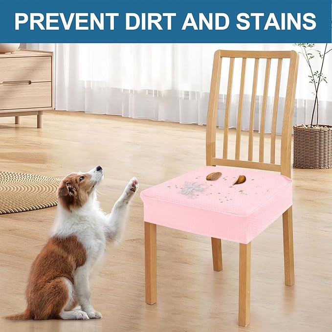 Smiry Waterproof Seat Covers for Dining Room Chairs Set of 4, Stretch Jacquard Removable Washable Chair Seat Slipcovers Protector, No Rear Covers, Blush Pink