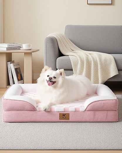 KSIIA Waterproof Dog Bed Orthopedic for Large Senior Dog Couch with Sides, Extra Thick Supportive Pet Bed Sofa with Soft Plush Cover and Non-Slip Bottom, 44 x 32 Inch, Pink