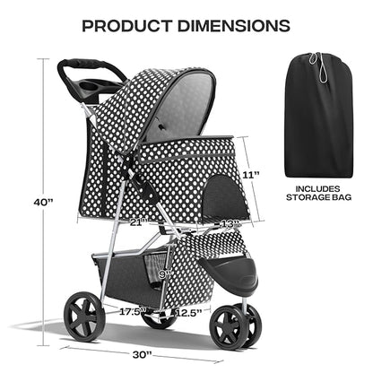 Pet Stroller for Small Dogs 10 lbs, Dog Stroller for Medium Dogs 30 lbs, Cat Strollers for 2 Cats, 3 Wheels Foldable Jogger Puppy Stroller with Storage Basket and Cup Holder, Black Polka Dots