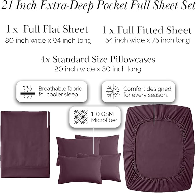 Southshore Fine Living, Inc. 6-Pc Full Bed Sheets Set, 21-Inch Deep Pocket Bed Sheets Full Size, Deep Pocket Fitted Sheet, Flat Sheet, Queen Pillow Cases Set of 4, Purple Pillow Cases, Purple Bedding
