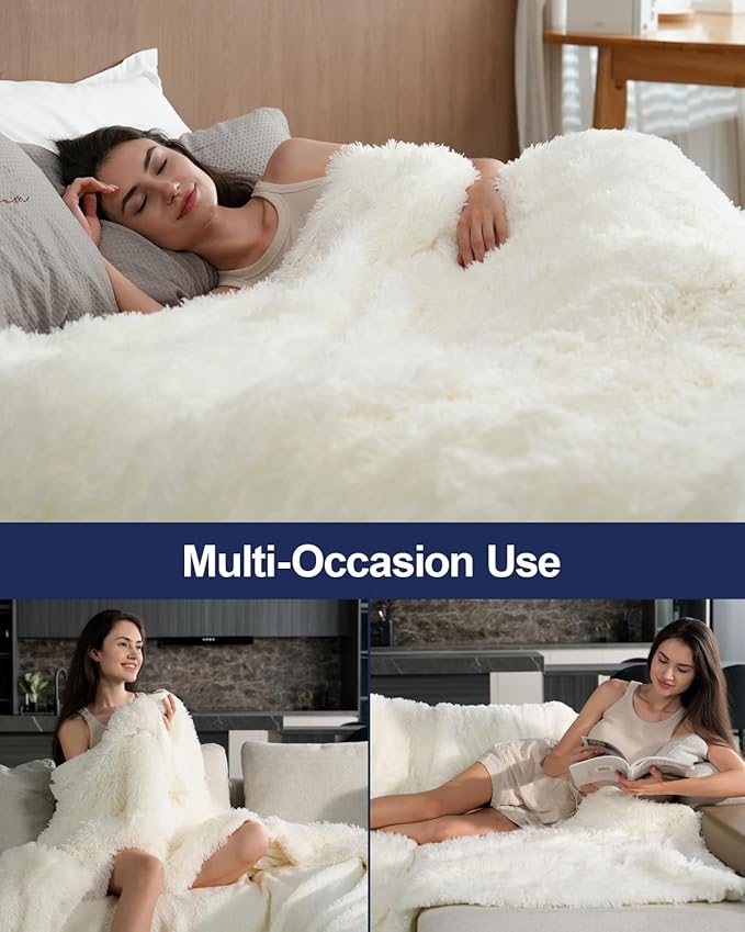 Pawque Luxury Faux Fur Throw Blanket, Super Soft King Size Throw Blankets 90x90 inches, Decorative Blankets for Sofa Couch Bed Chair Photo Props, Breathable & Washable, Cream