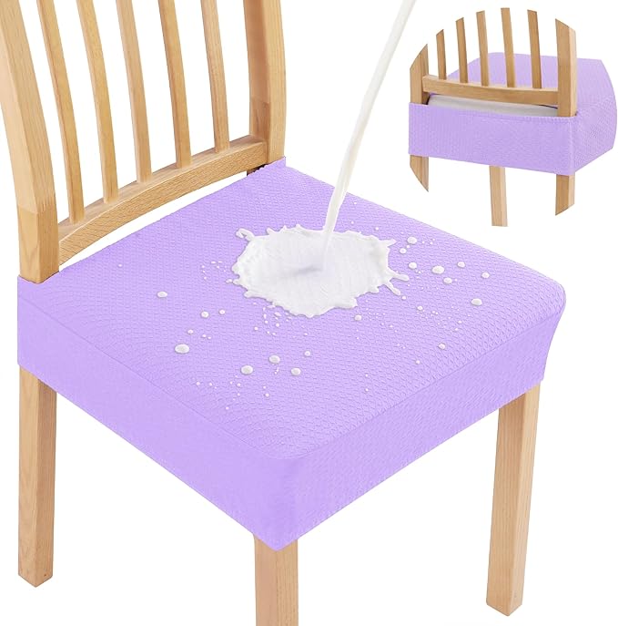 Smiry Waterproof Seat Covers for Dining Room Chairs Set of 6, Stretch Jacquard Removable Washable Chair Seat Slipcovers Protector, No Rear Covers, Lavender