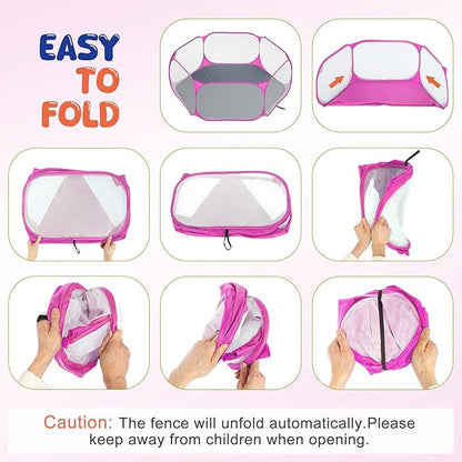 Pawaboo Small Animals Playpen with Pad, Waterproof Small Pet Cage Tent with Reusable Pad, Portable Outdoor Yard Fence for Chick/Kitten/Puppy/Guinea Pig/Rabbits/Chinchillas, Pink + Gray