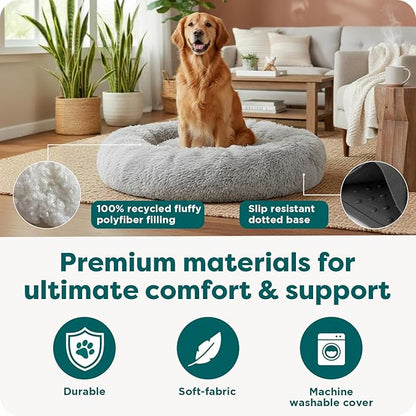 Furhaven 30" Round Calming Donut Dog Bed for Medium/Small Dogs, Refillable w/ Removable Washable Cover, For Dogs Up to 45 lbs - Shaggy Plush Long Faux Fur Donut Bed - Gray, Medium