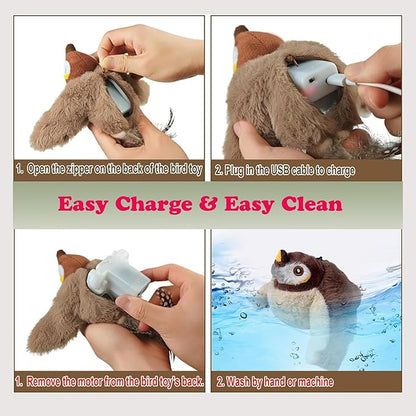 Upgraded Interactive Chirping Bird Cat Toys with Flapping Wings,New Flying Birds Cats Toy, Flying Simulation Electric Sparrow Shaking Hunting Pet Toy for Indoor-Larger (Brown)