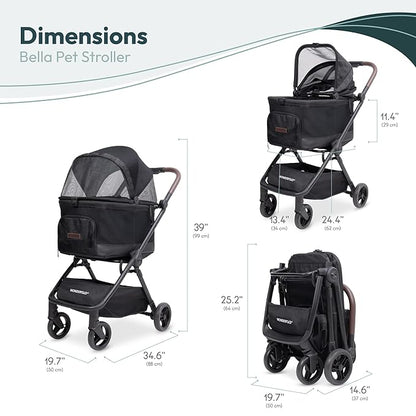 WonderFold Bella Pet Stroller - Autofold Design with Lightweight Aluminum Frame, Breathable Carriage Fabrics and Canopy, Safety Tethers & Easy-Clean Interior - Graphite Black