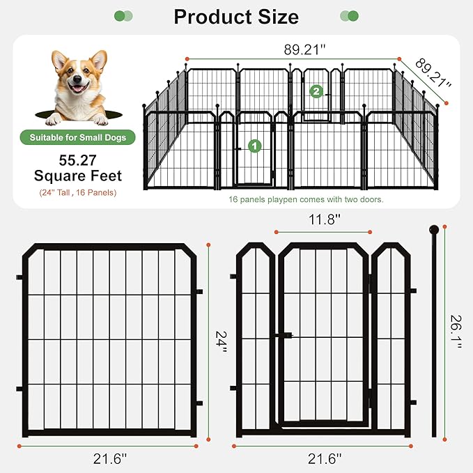 Dog Playpen for Indoor & Outdoor, 24 inch 16 Panels Metal Puppy Playpen for Puppies/Small Dogs, Large Dog Pen with 2 Doors, Sutible for Yard, Camping, Travelling, Black