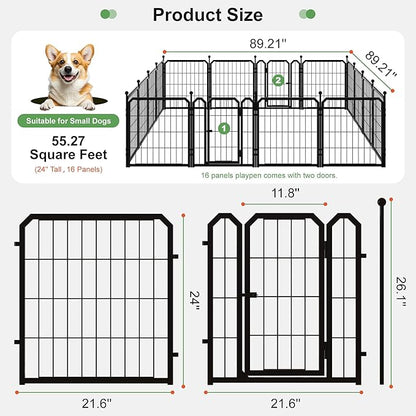 Dog Playpen for Indoor & Outdoor, 24 inch 16 Panels Metal Puppy Playpen for Puppies/Small Dogs, Large Dog Pen with 2 Doors, Sutible for Yard, Camping, Travelling, Black