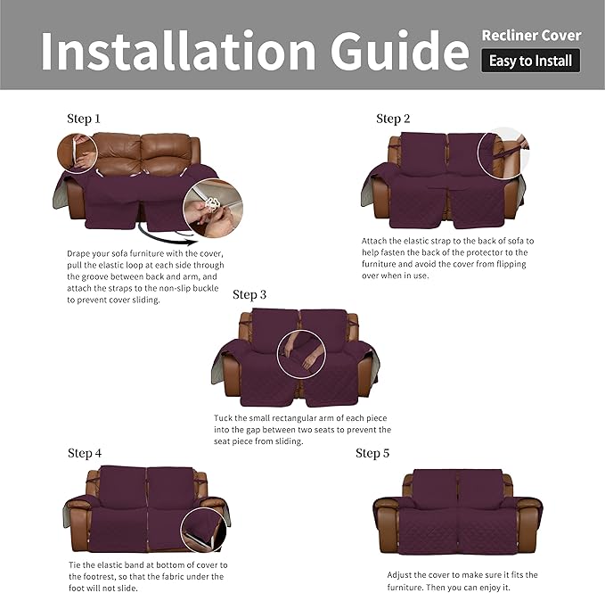 Easy-Going Oversized Loveseat Recliner Cover, Reversible Couch Cover for Double Recliner, Split Sofa Cover for Each Seat with Elastic Straps for Kids, Dogs, Pets(Oversized 2 Seater, Wine/Beige)