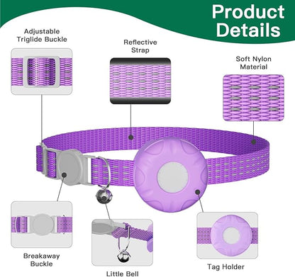 Cat Tracker,No Monthly Fee GPS Trackers for Cats Work with Apple Find My App(iOS Only),Real-Time Location Tracking,Cat Tracker GPS Collar with Safety Elastic Buckle-Purple